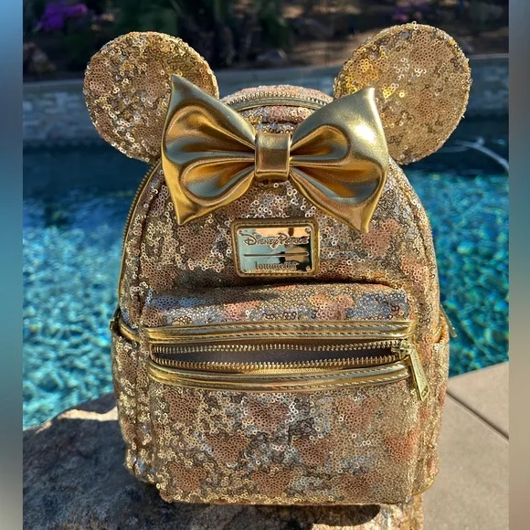 Disney Loungefly NWT Backpack Gold Sparkle,Minnie Ears.Gold Hrdwr. Host Pick - Picture 10 of 12